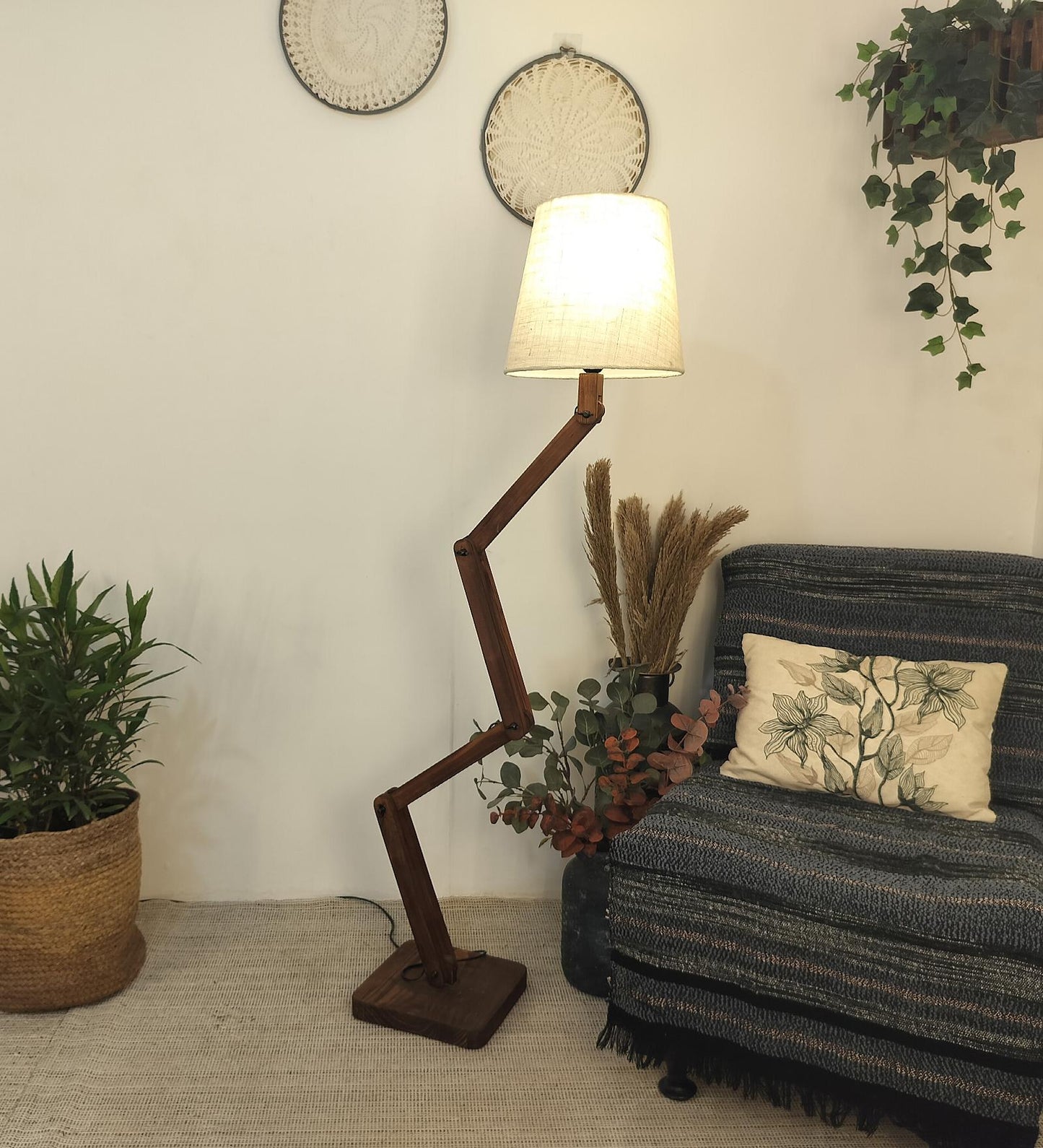 Thick Wooden Floor Lamp with Brown Base and Beige Fabric Lampshade