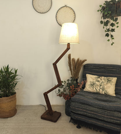 Thick Wooden Floor Lamp with Brown Base and Beige Fabric Lampshade