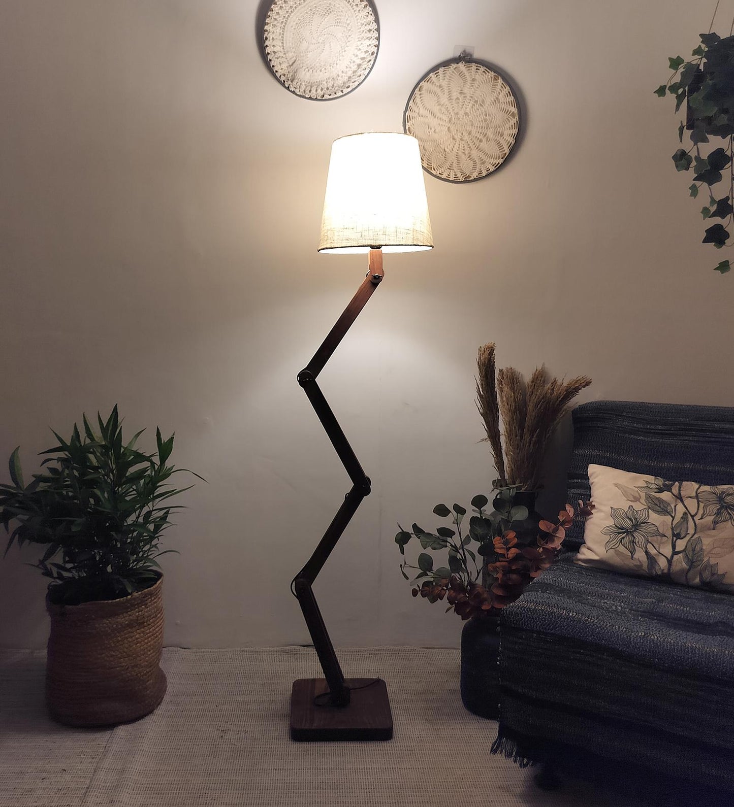 Thick Wooden Floor Lamp with Brown Base and Beige Fabric Lampshade