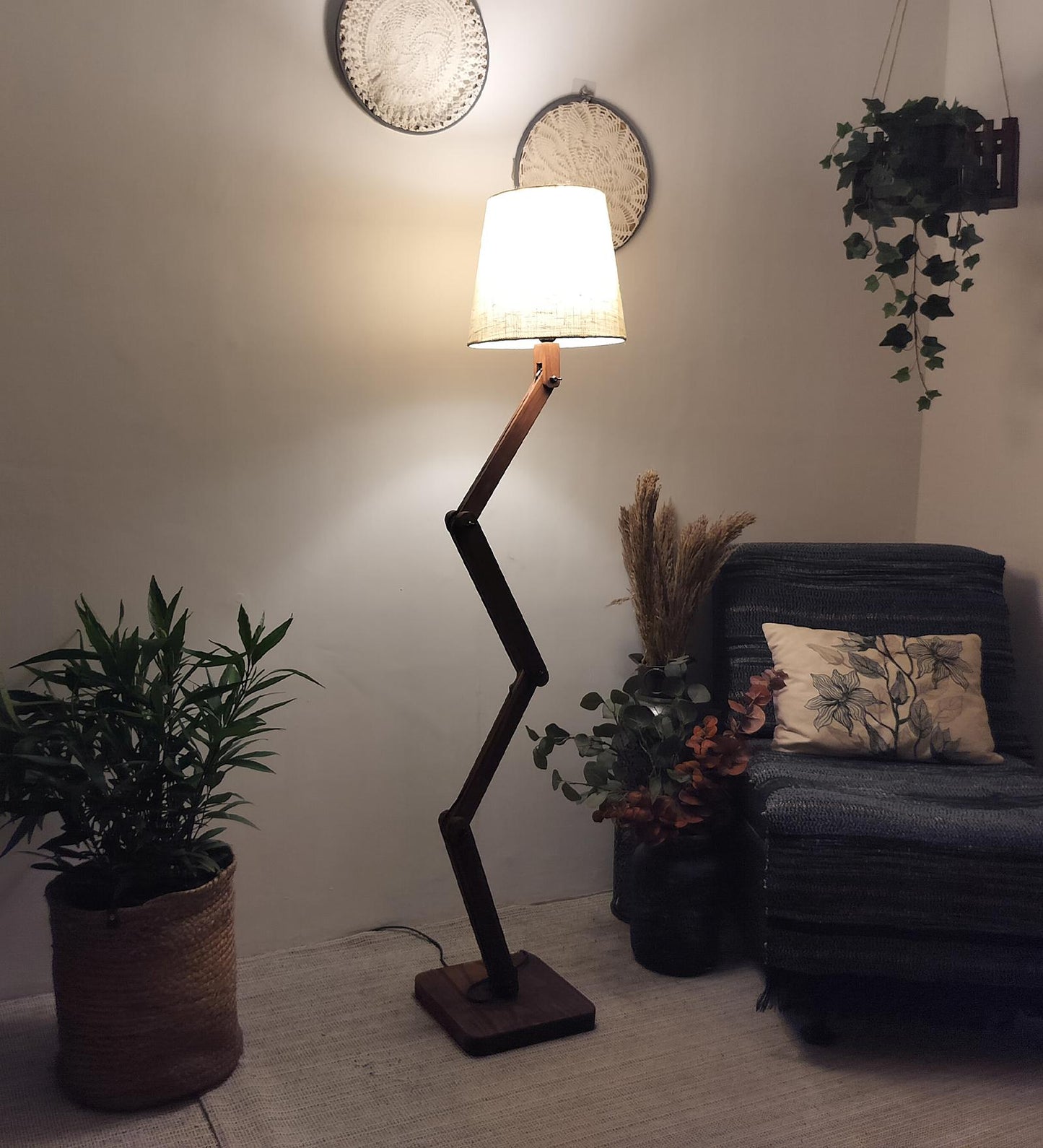 Thick Wooden Floor Lamp with Brown Base and Beige Fabric Lampshade