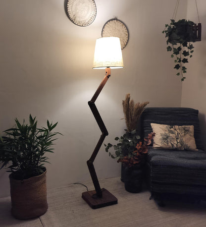 Thick Wooden Floor Lamp with Brown Base and Beige Fabric Lampshade
