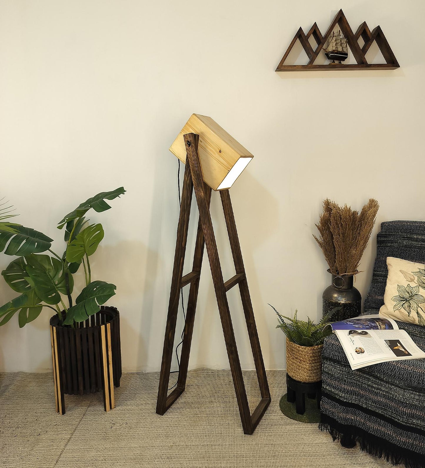 Luna Wooden Floor Lamp with Brown Base and Beige Wooden Lampshade
