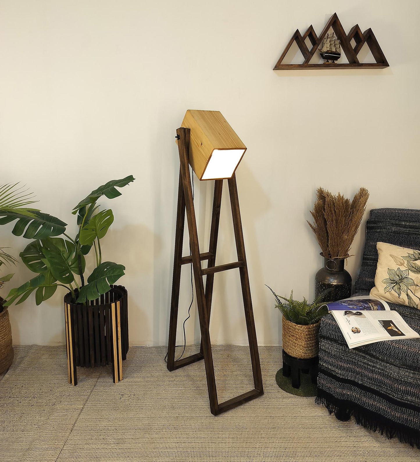 Luna Wooden Floor Lamp with Brown Base and Beige Wooden Lampshade