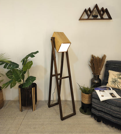 Luna Wooden Floor Lamp with Brown Base and Beige Wooden Lampshade