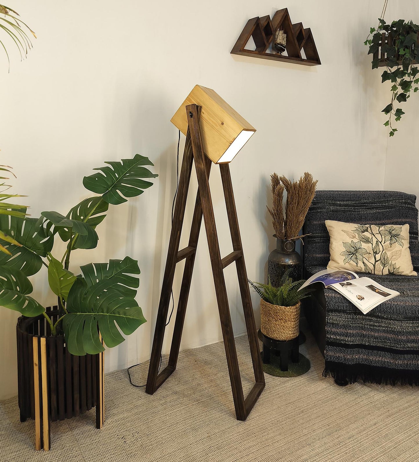 Luna Wooden Floor Lamp with Brown Base and Beige Wooden Lampshade