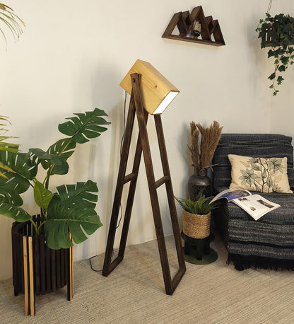 Luna Wooden Floor Lamp with Brown Base and Beige Wooden Lampshade