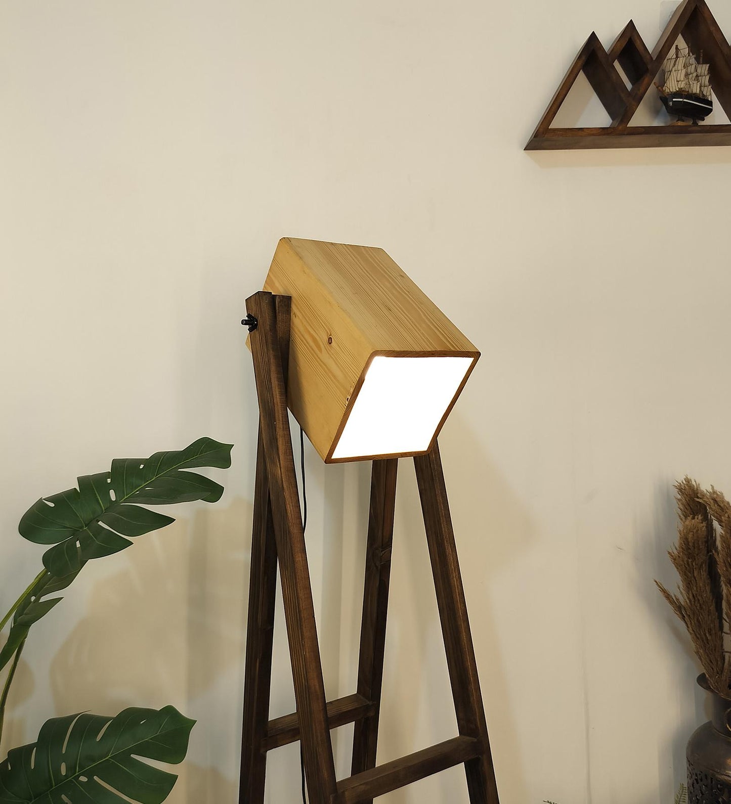 Luna Wooden Floor Lamp with Brown Base and Beige Wooden Lampshade