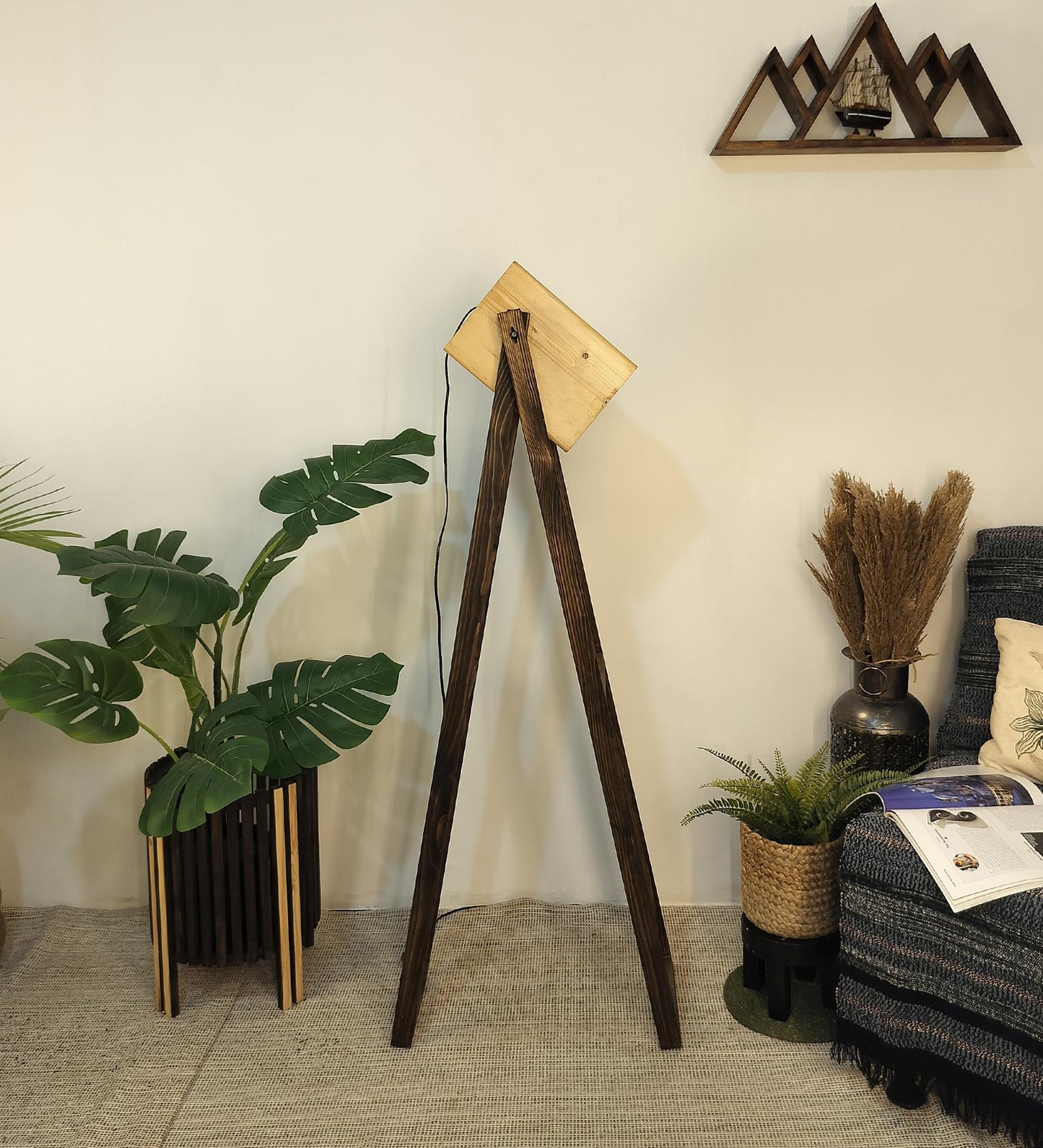 Luna Wooden Floor Lamp with Brown Base and Beige Wooden Lampshade