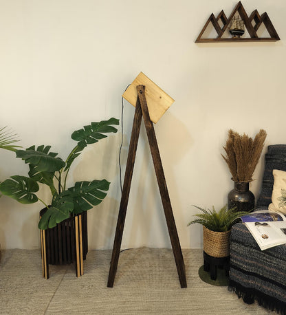 Luna Wooden Floor Lamp with Brown Base and Beige Wooden Lampshade