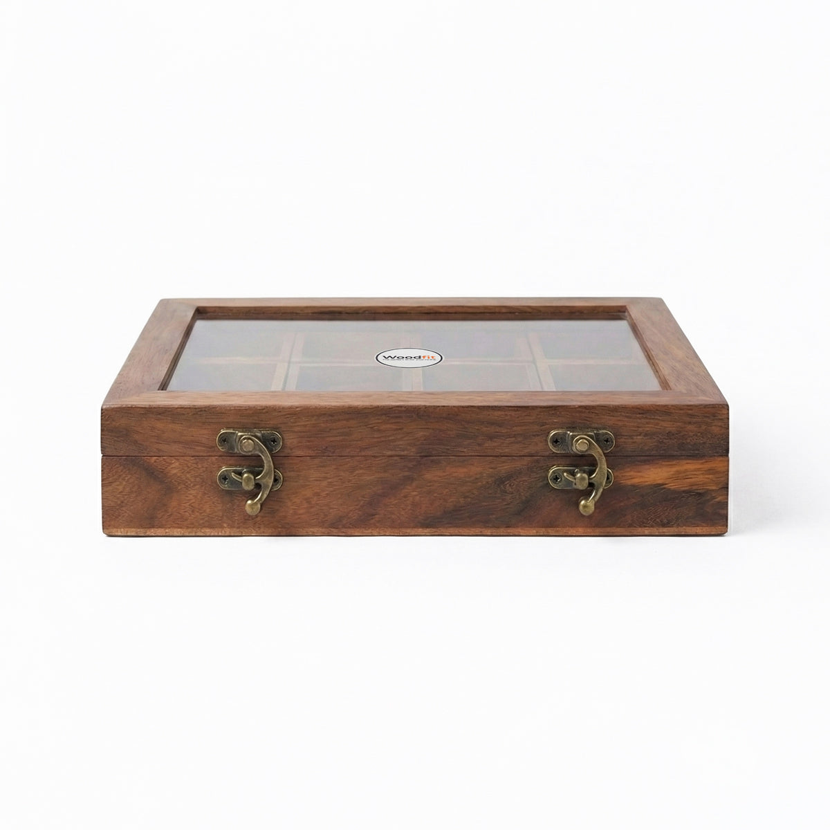 Woodfit Grand 12-Compartment Solid Sheesham Wood Masala Box with Glass Top and Wooden Spoon