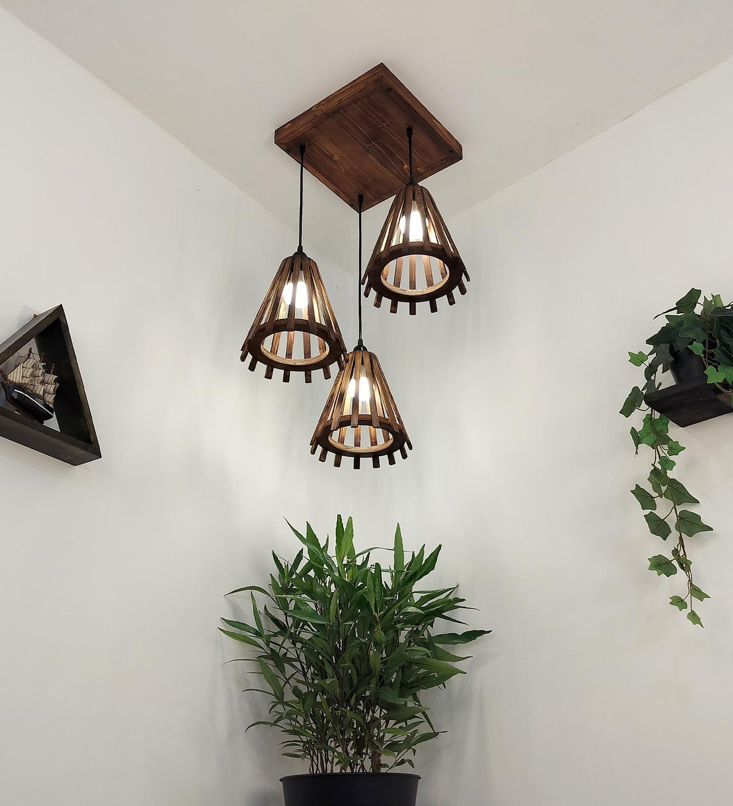 Terrestrial Brown Wooden Cluster Hanging Lamp