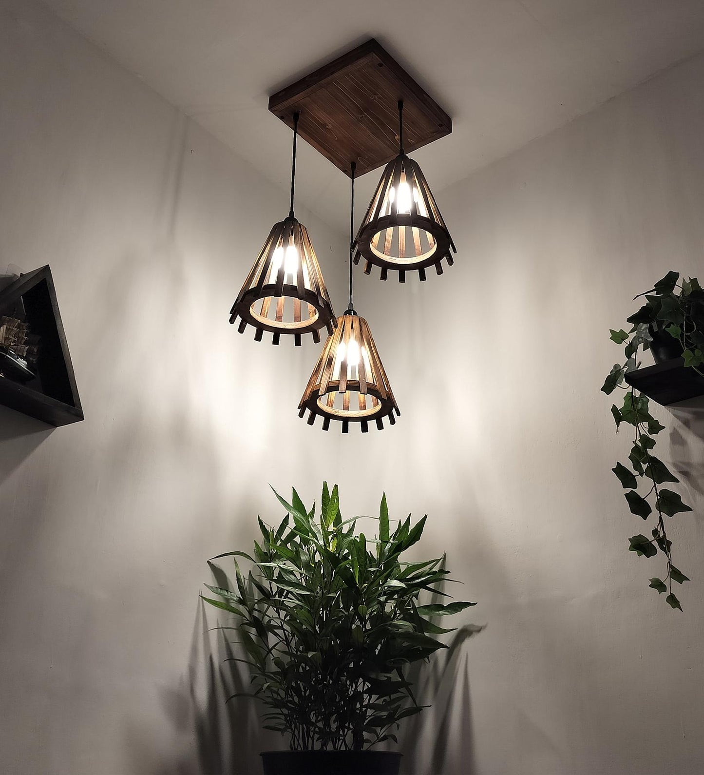 Terrestrial Brown Wooden Cluster Hanging Lamp