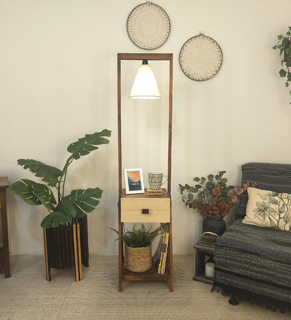 Sand Wooden Floor Lamp with Brown Base and Jute Fabric Lampshade