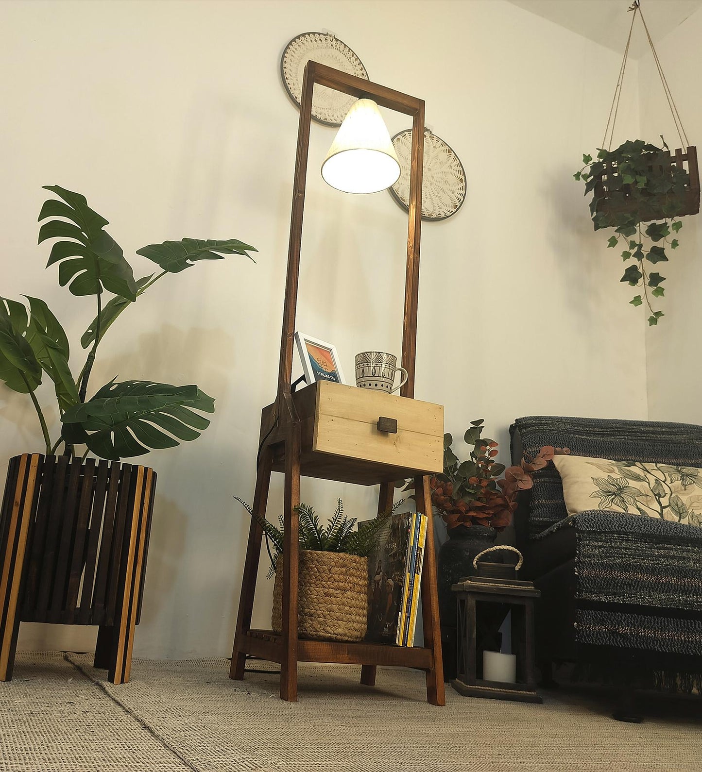 Sand Wooden Floor Lamp with Brown Base and Jute Fabric Lampshade