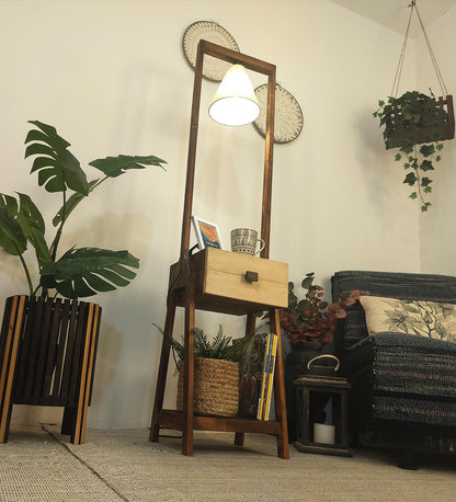 Sand Wooden Floor Lamp with Brown Base and Jute Fabric Lampshade