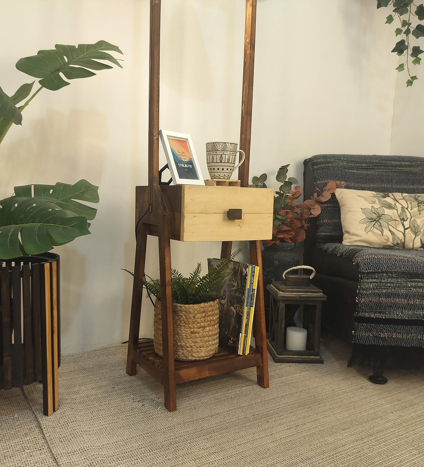 Sand Wooden Floor Lamp with Brown Base and Jute Fabric Lampshade
