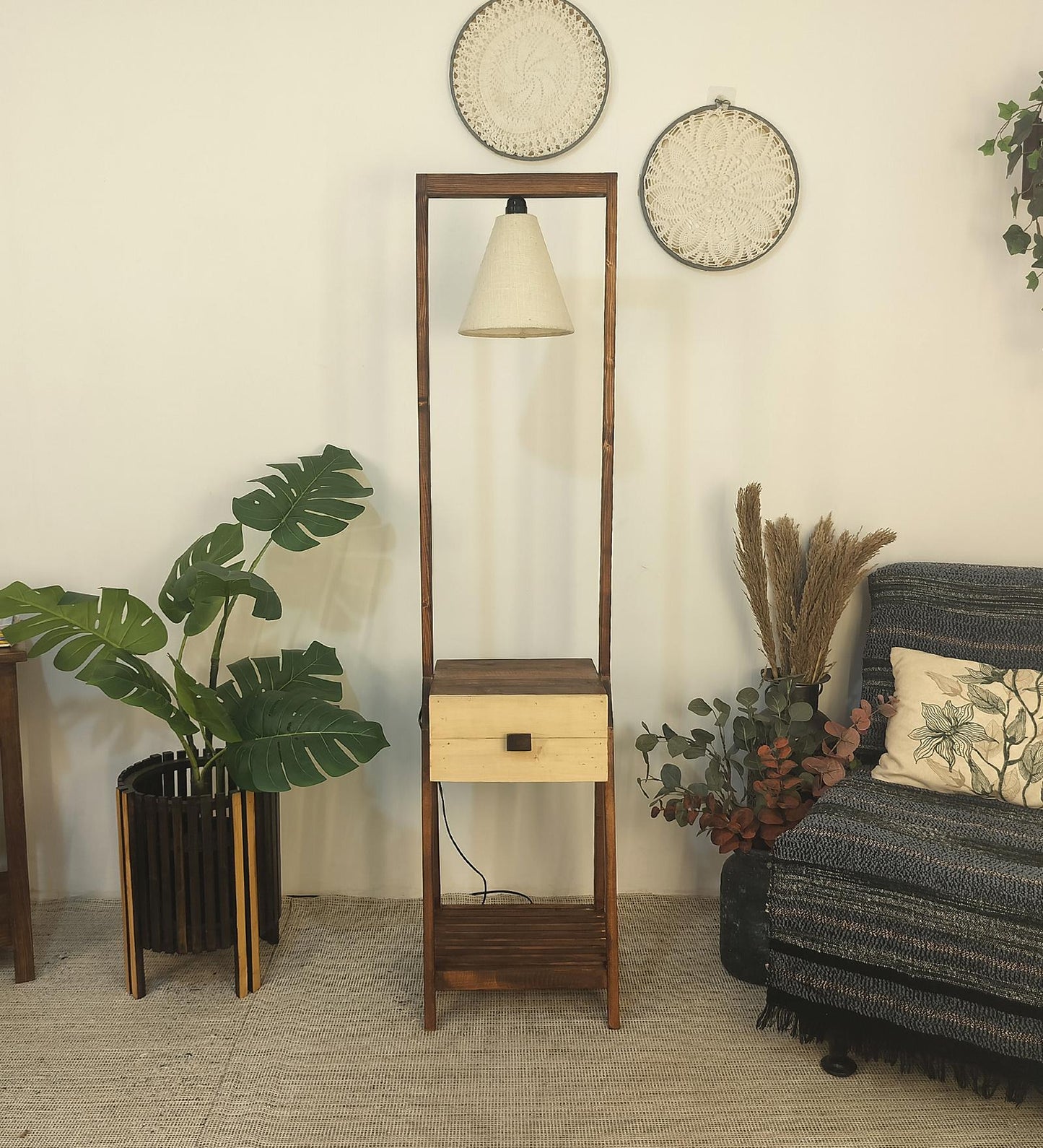 Sand Wooden Floor Lamp with Brown Base and Jute Fabric Lampshade