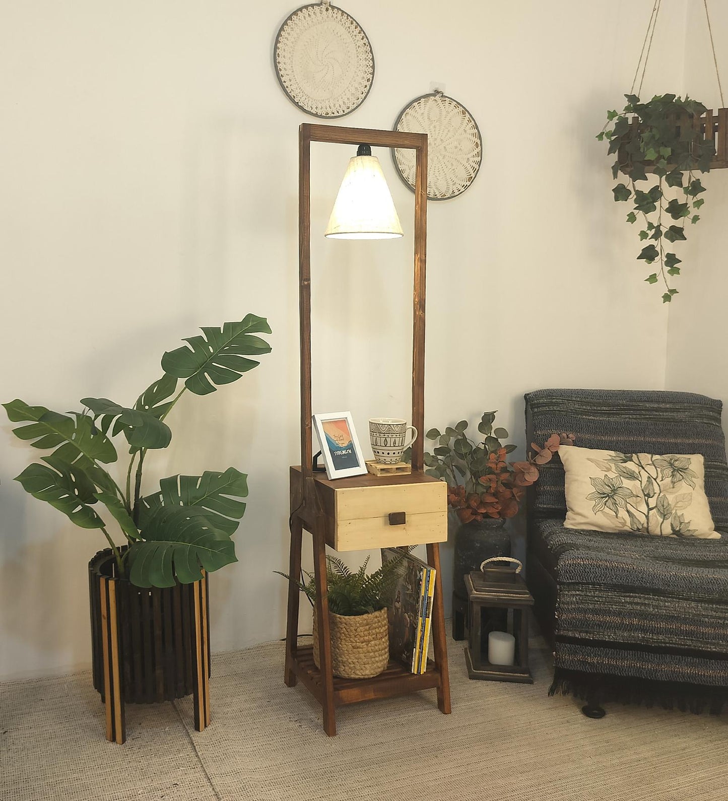 Sand Wooden Floor Lamp with Brown Base and Jute Fabric Lampshade