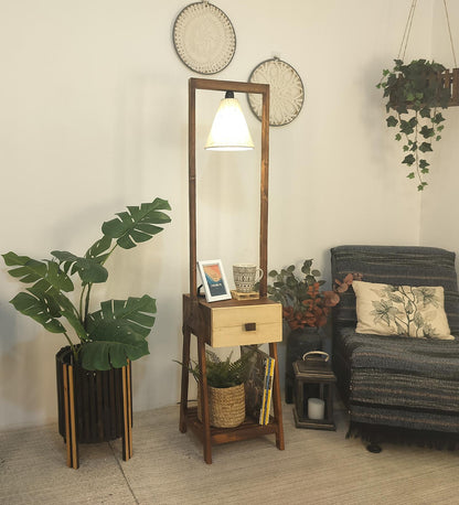 Sand Wooden Floor Lamp with Brown Base and Jute Fabric Lampshade