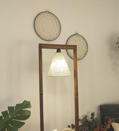 Sand Wooden Floor Lamp with Brown Base and Jute Fabric Lampshade