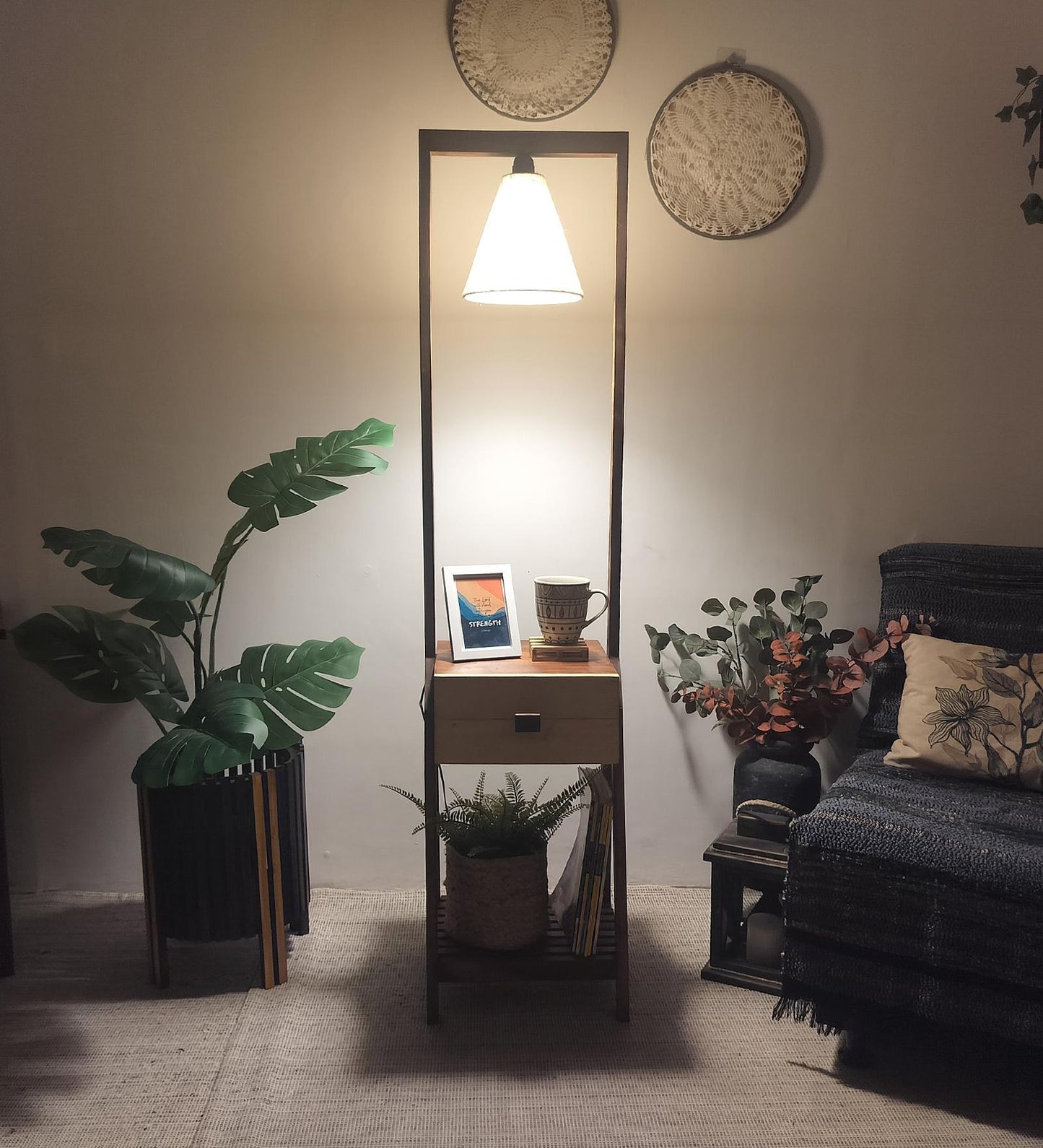 Sand Wooden Floor Lamp with Brown Base and Jute Fabric Lampshade