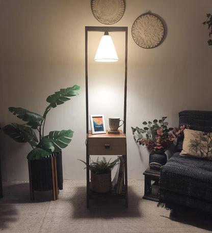 Sand Wooden Floor Lamp with Brown Base and Jute Fabric Lampshade