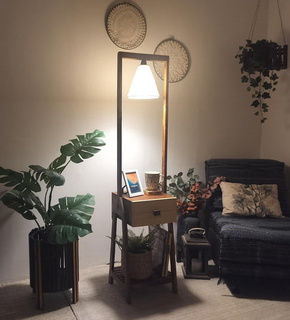 Sand Wooden Floor Lamp with Brown Base and Jute Fabric Lampshade