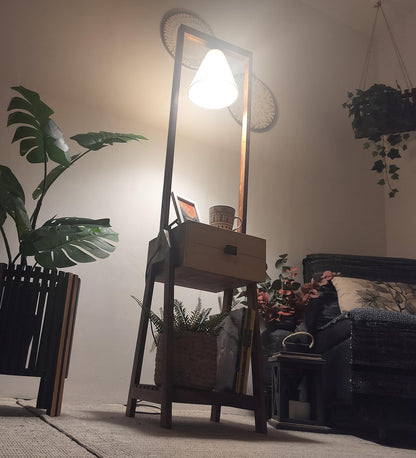 Sand Wooden Floor Lamp with Brown Base and Jute Fabric Lampshade