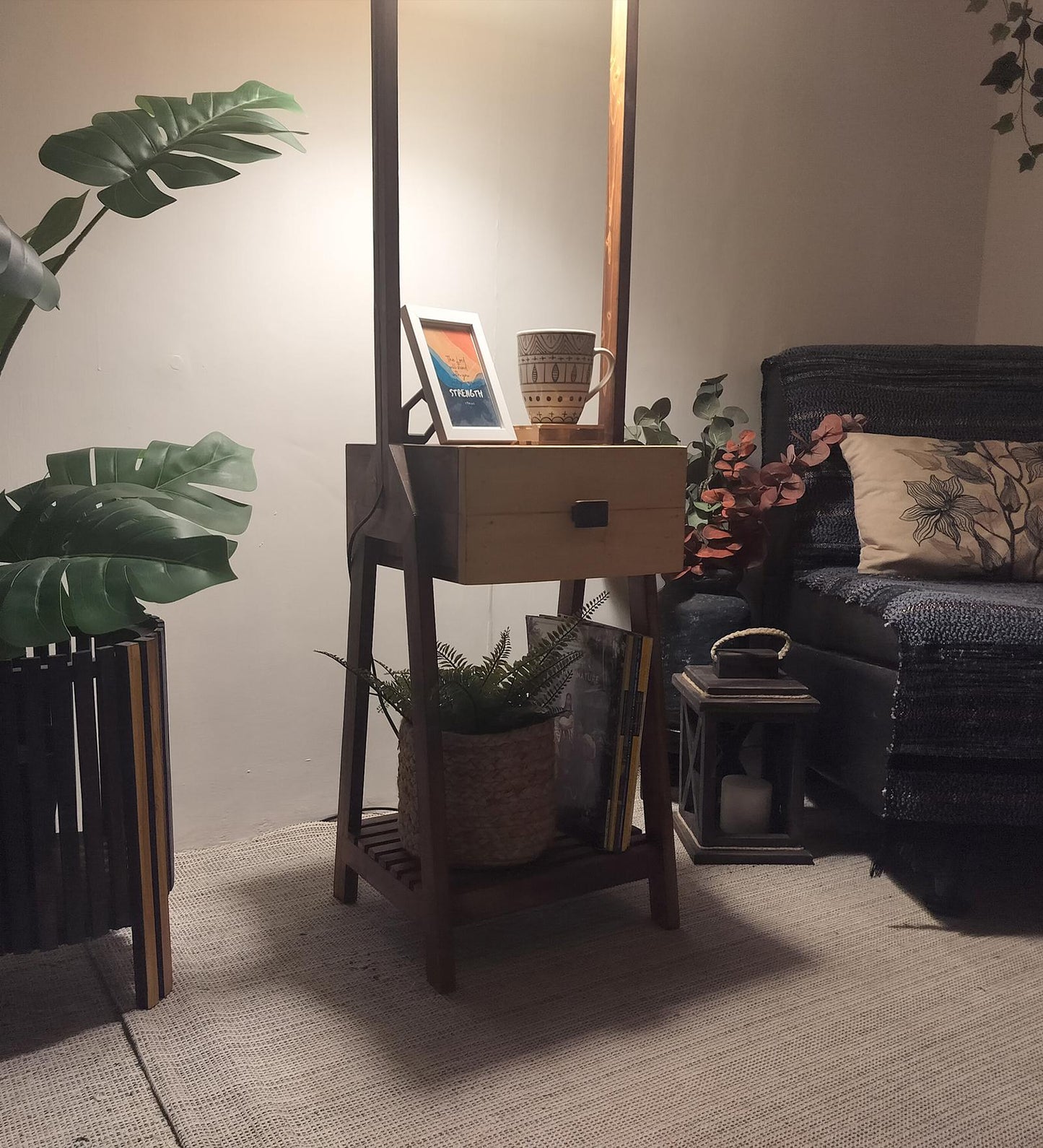 Sand Wooden Floor Lamp with Brown Base and Jute Fabric Lampshade