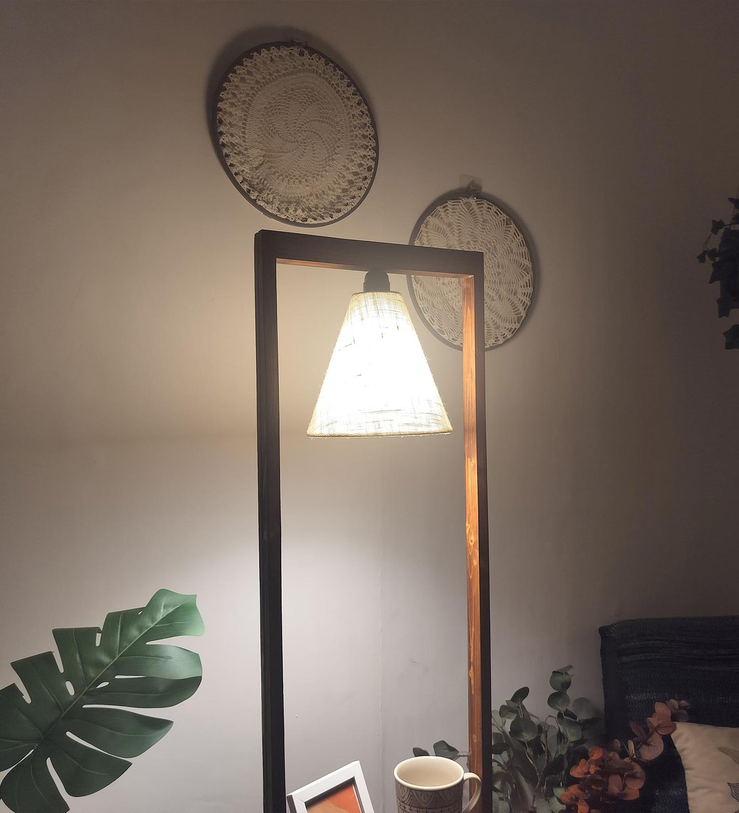 Sand Wooden Floor Lamp with Brown Base and Jute Fabric Lampshade