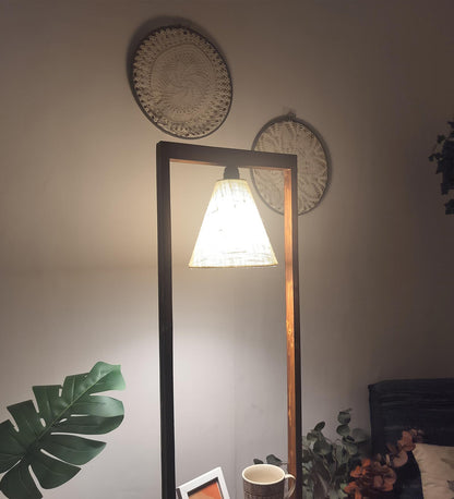 Sand Wooden Floor Lamp with Brown Base and Jute Fabric Lampshade