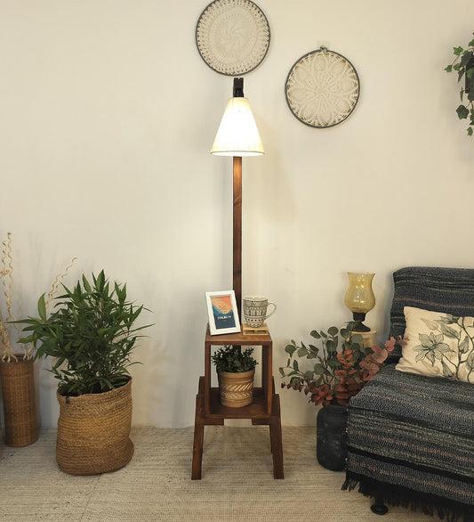 Clean Wooden Floor Lamp with Brown Base and Jute Fabric Lampshade