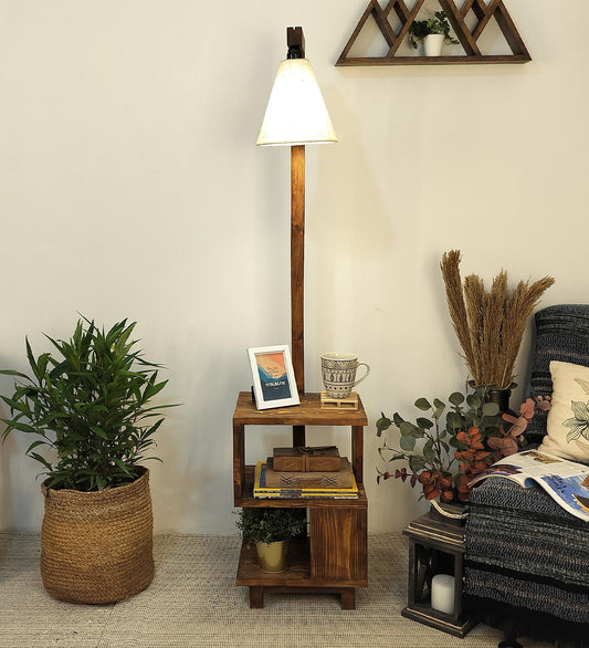 Dust Wooden Floor Lamp with Brown Base and Jute Fabric Lampshade