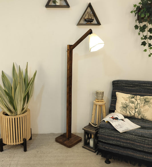 Despair Wooden Floor Lamp with Brown Base and Beige Fabric Lampshade