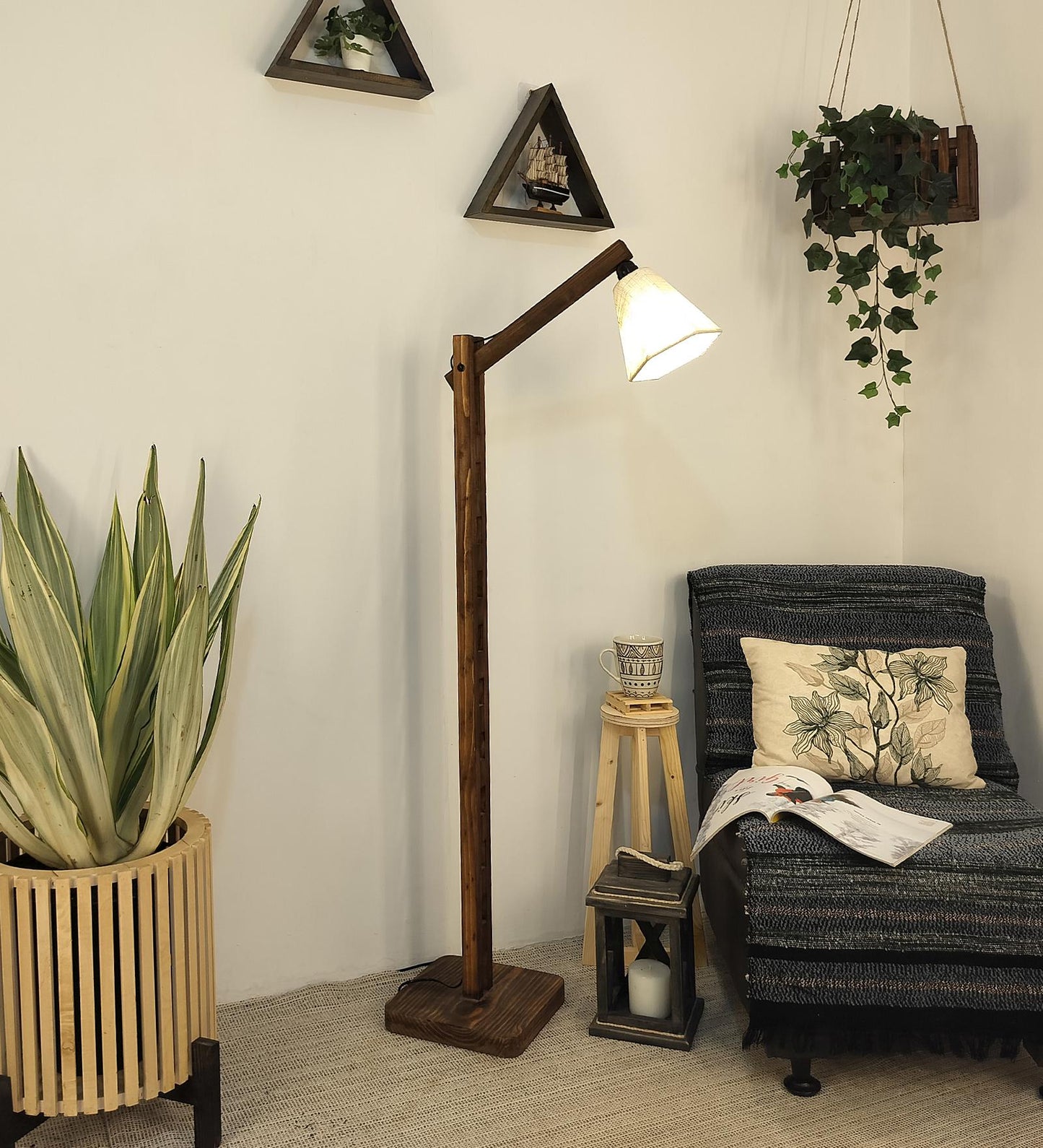 Despair Wooden Floor Lamp with Brown Base and Beige Fabric Lampshade