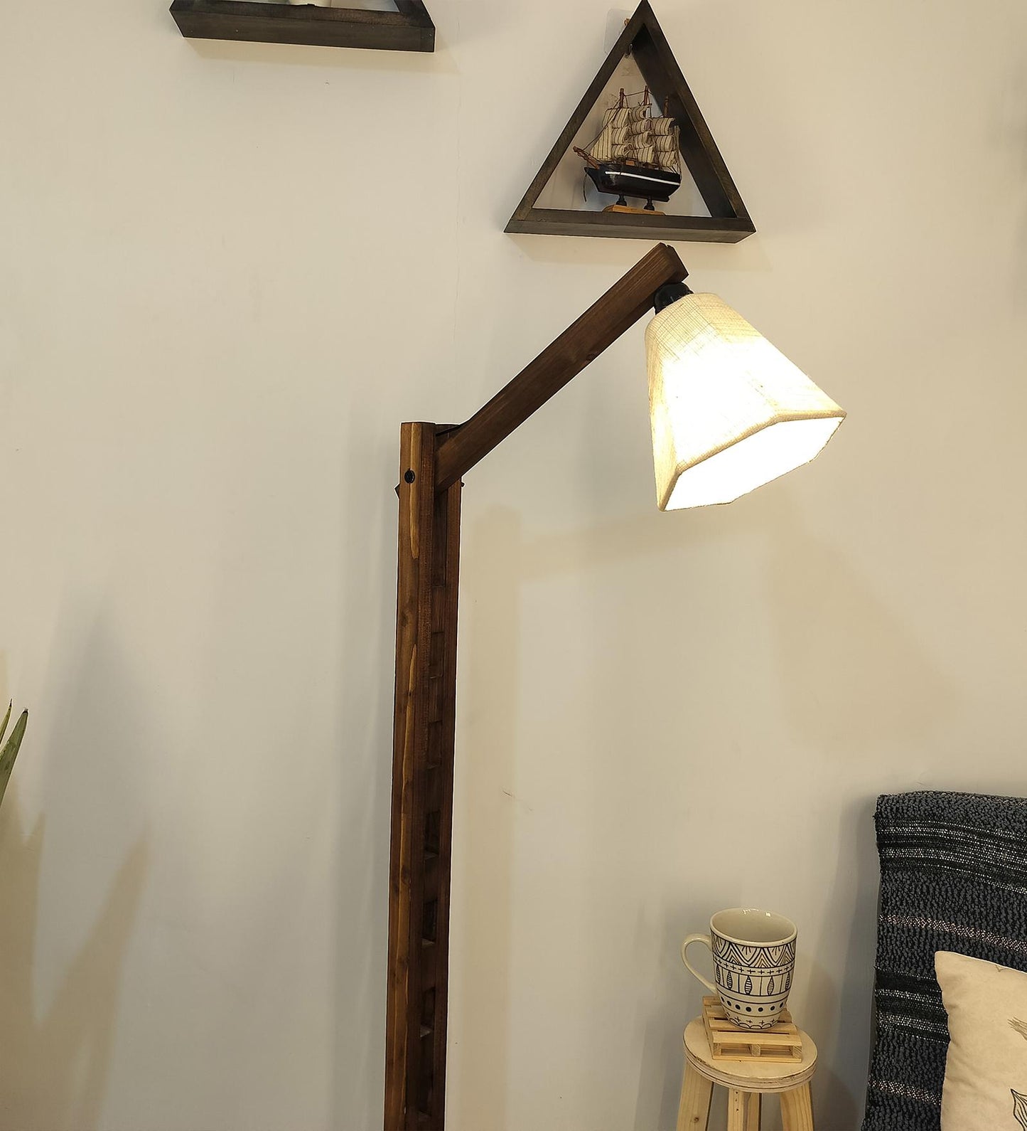 Despair Wooden Floor Lamp with Brown Base and Beige Fabric Lampshade