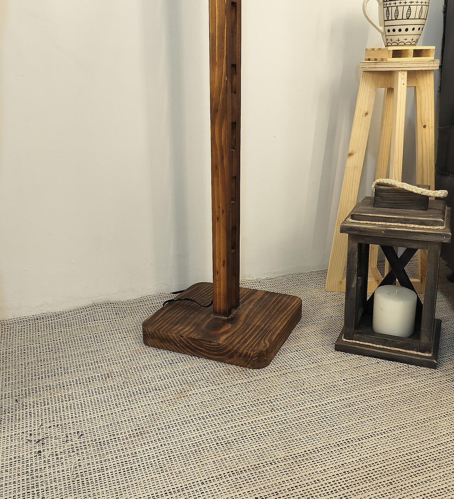 Despair Wooden Floor Lamp with Brown Base and Beige Fabric Lampshade