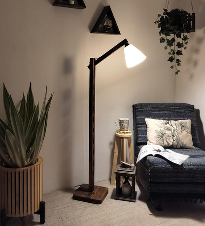 Despair Wooden Floor Lamp with Brown Base and Beige Fabric Lampshade