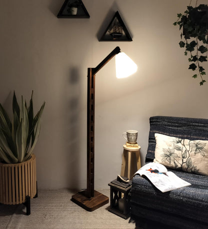 Despair Wooden Floor Lamp with Brown Base and Beige Fabric Lampshade