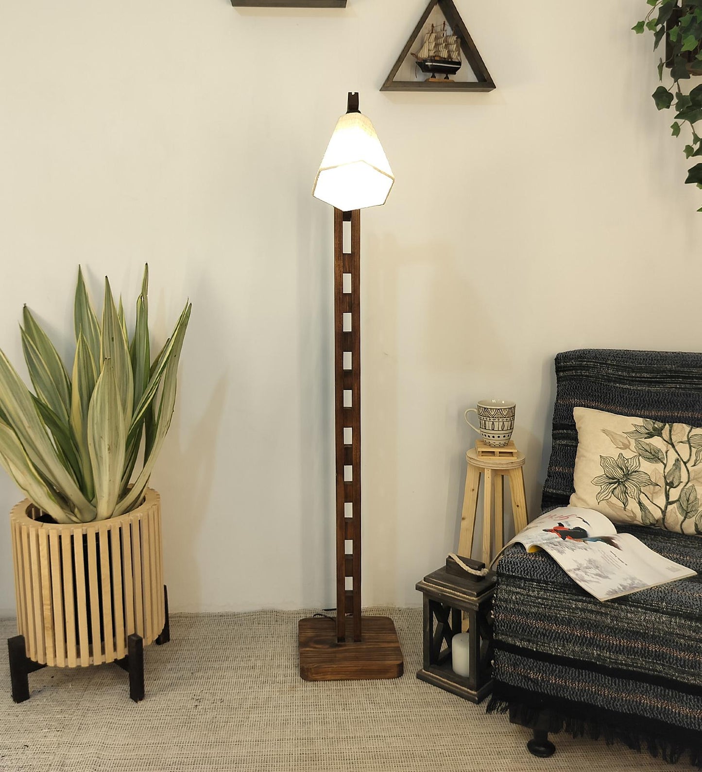 Despair Wooden Floor Lamp with Brown Base and Beige Fabric Lampshade