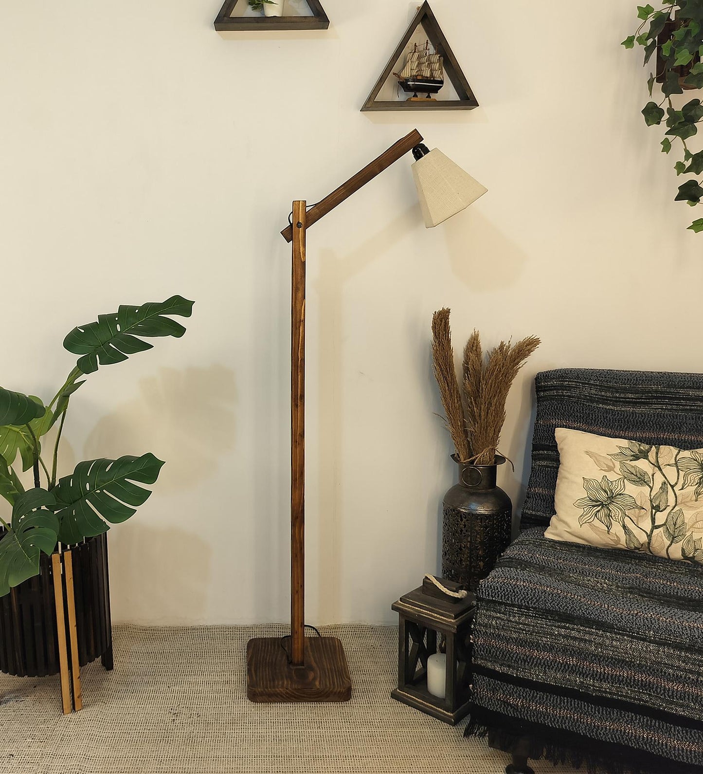 Despair Wooden Floor Lamp with Brown Base and Beige Fabric Lampshade