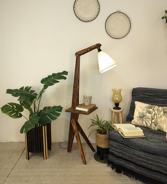 Spark Wooden Floor Lamp with Brown Base and Jute Fabric Lampshade