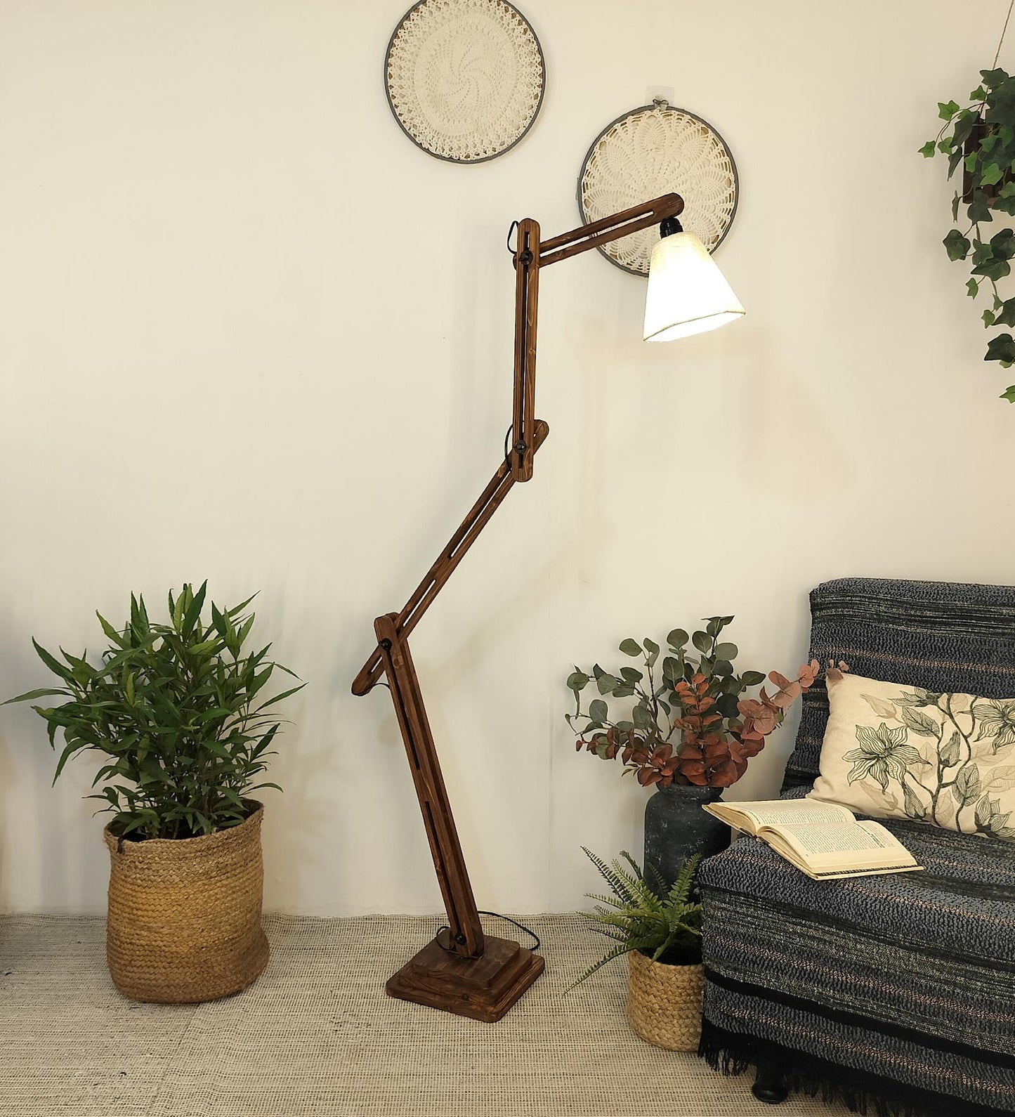 Daisy Wooden Floor Lamp with Brown Base and Jute Fabric Lampshade