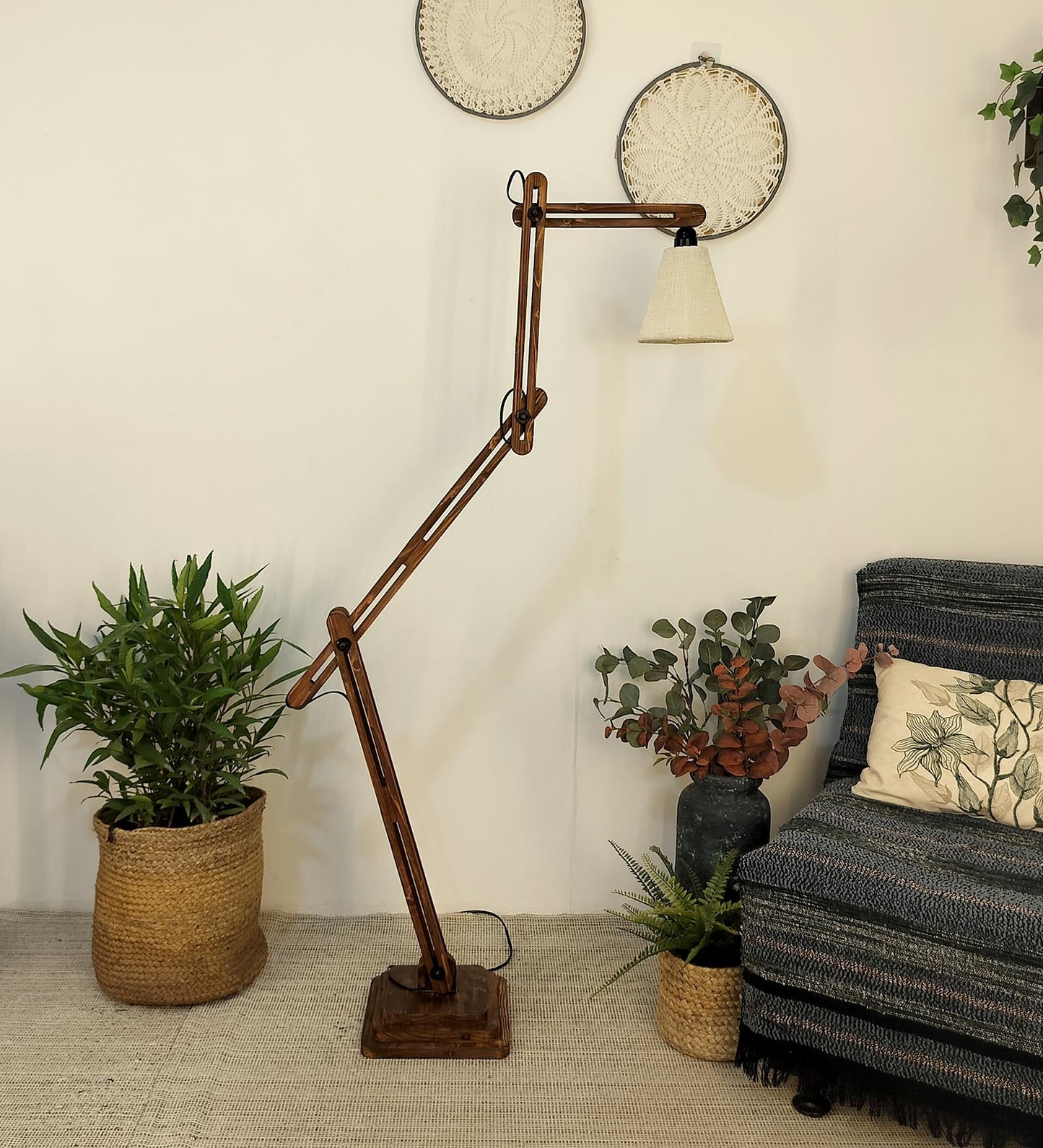 Daisy Wooden Floor Lamp with Brown Base and Jute Fabric Lampshade