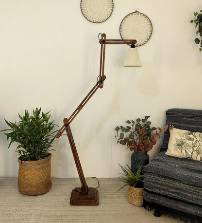 Daisy Wooden Floor Lamp with Brown Base and Jute Fabric Lampshade