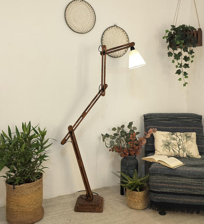 Daisy Wooden Floor Lamp with Brown Base and Jute Fabric Lampshade