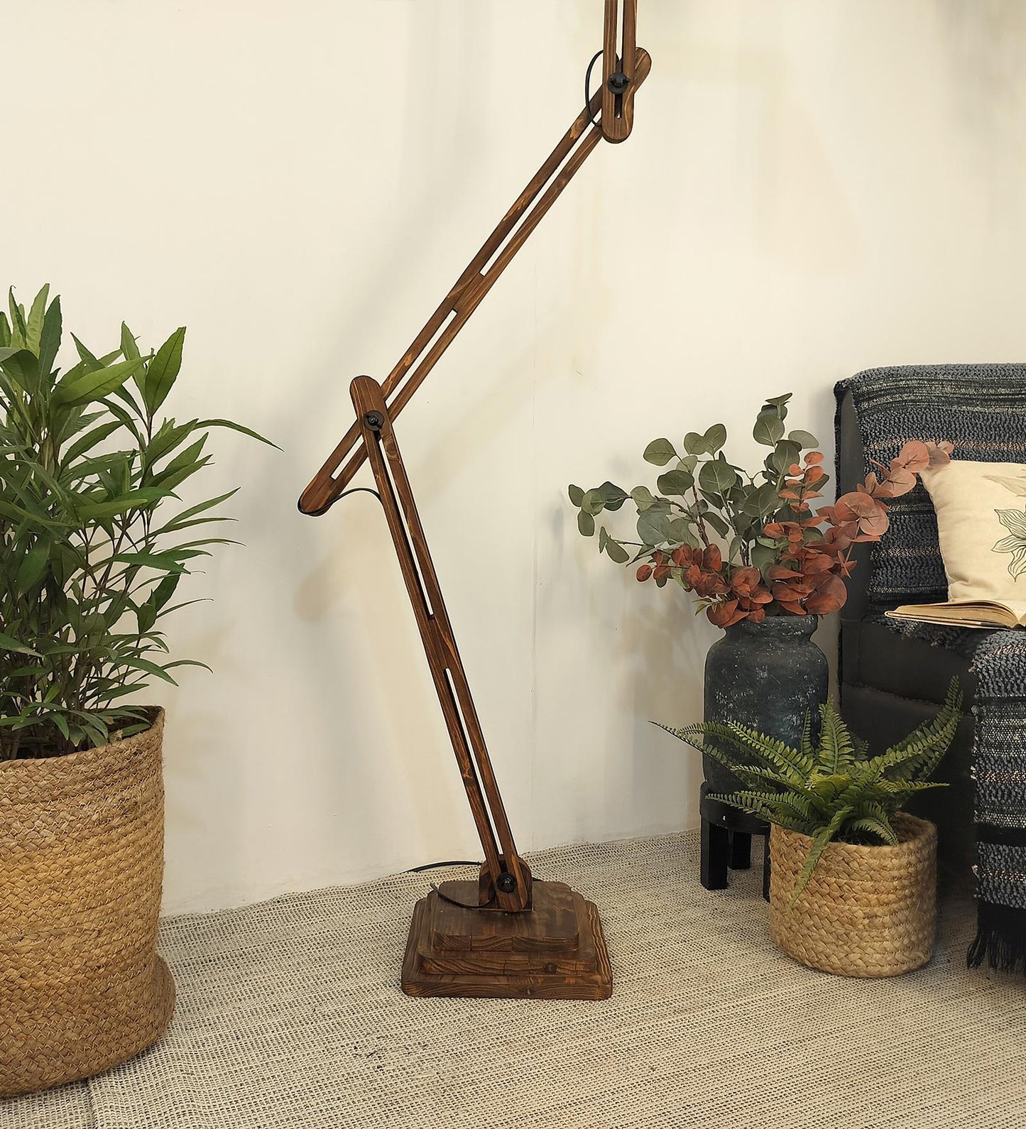 Daisy Wooden Floor Lamp with Brown Base and Jute Fabric Lampshade