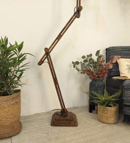 Daisy Wooden Floor Lamp with Brown Base and Jute Fabric Lampshade