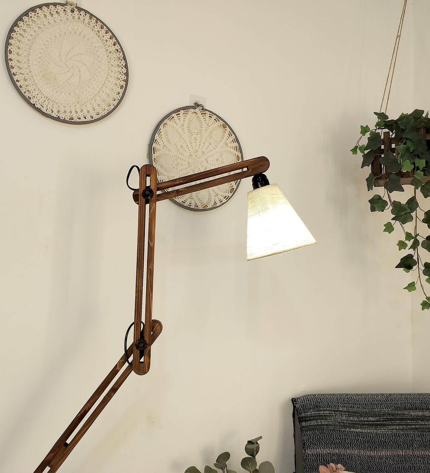 Daisy Wooden Floor Lamp with Brown Base and Jute Fabric Lampshade