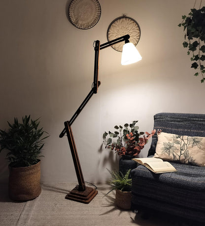 Daisy Wooden Floor Lamp with Brown Base and Jute Fabric Lampshade